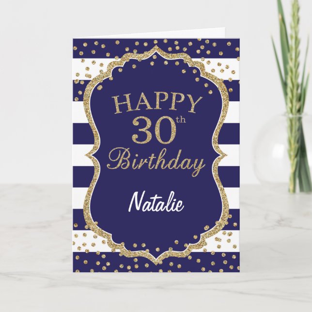 Tarjeta de cumpleaños número 30 del Purpurina Navy (Anverso)