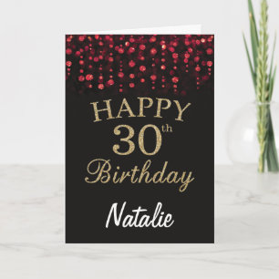 Tarjeta de cumpleaños número 30 roja, negra y dora