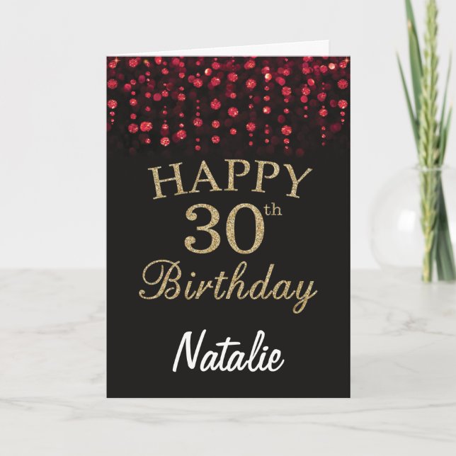 Tarjeta de cumpleaños número 30 roja, negra y dora (Anverso)