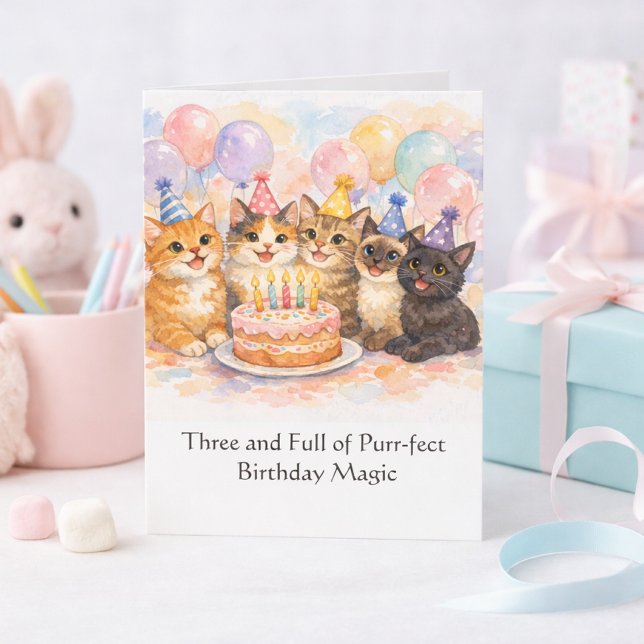 Tarjeta de cumpleaños número 3 para niñas Gato acu (Girls 3rd birthday cat card,  festive party magic for age three. Template card )