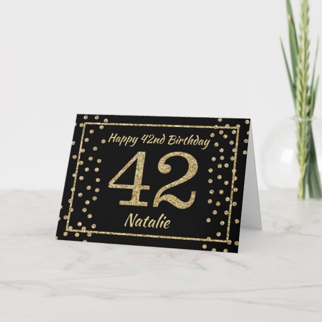 Tarjeta de cumpleaños número 42 con confeti de pur (Anverso)