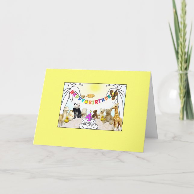 Tarjeta de cumpleaños número 4 animales de velas (Anverso)