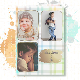 Tarjeta de cumpleaños número 4 con 3 fotos a cuadr