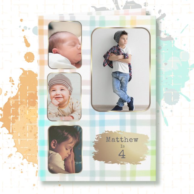 Tarjeta de cumpleaños número 4 con plaid acuarela  (Subido por el creador)