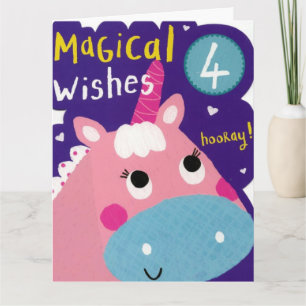 Tarjeta de cumpleaños número 4 - Unicornio rosa/az