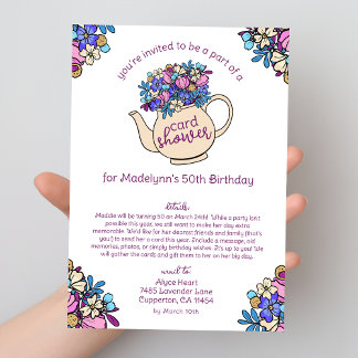 Tarjeta de cumpleaños número 50 con tetera floral