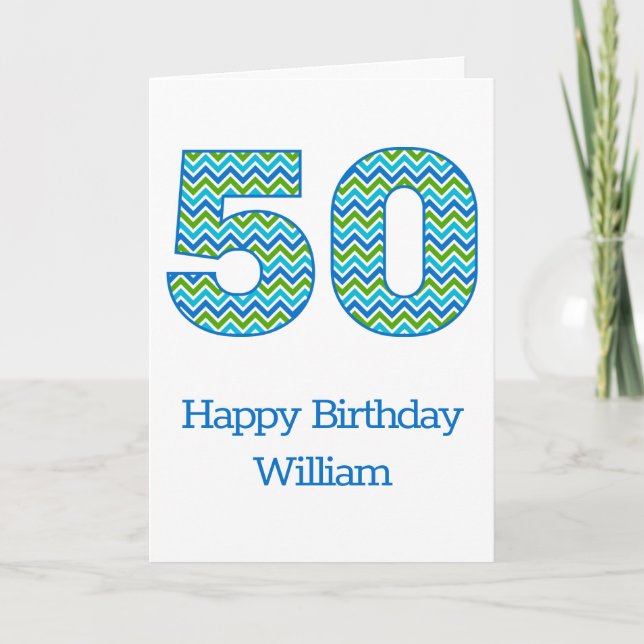 Tarjeta de cumpleaños número 50 de Chevron azul y  (Anverso)