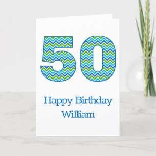 Tarjeta de cumpleaños número 50 de Chevron azul y