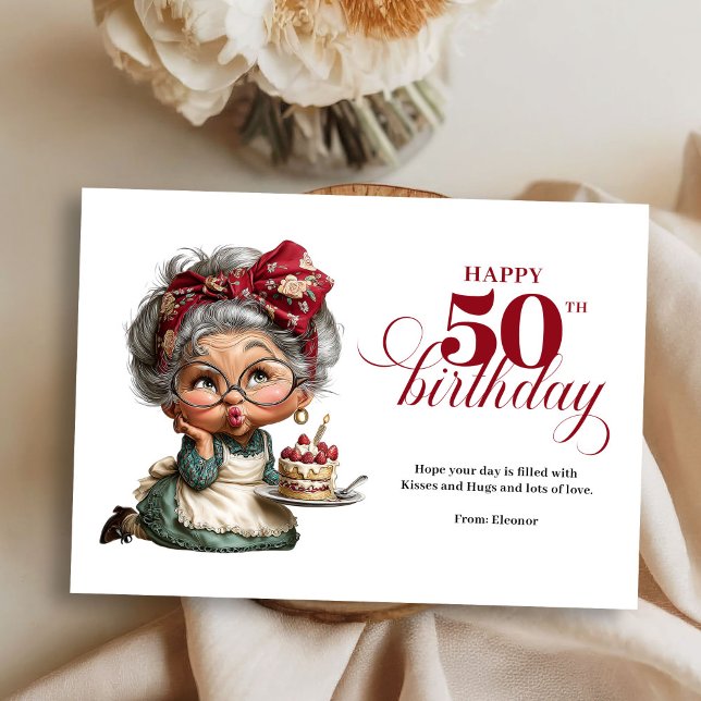 Tarjeta de cumpleaños número 50 divertida y chispe (funny 50th birthday, 
trendy colors burgundy red, 
greeting card,
whimsical humor,
quirky, 
personal)