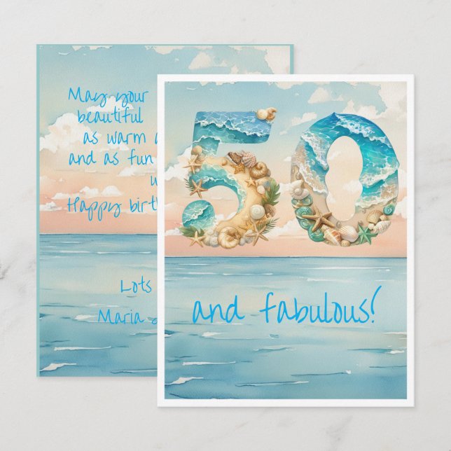 Tarjeta de cumpleaños número 50 en la playa (Anverso / Reverso)