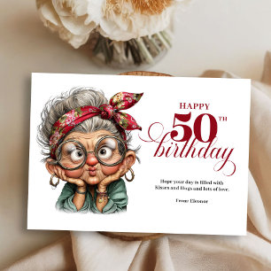 Tarjeta de cumpleaños número 50 para mujer con hum