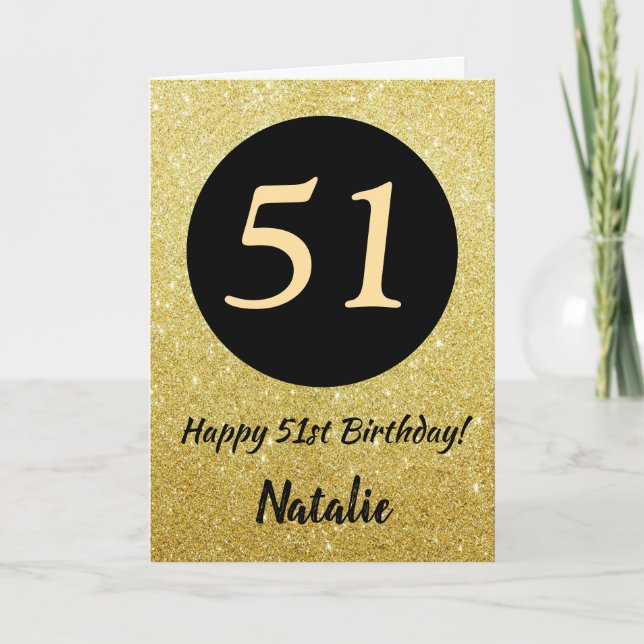 Tarjeta de cumpleaños número 51 con brillo negro y (Anverso)