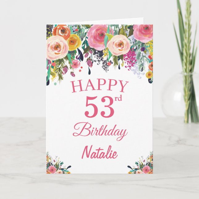Tarjeta de cumpleaños número 53 acuarela floral fl (Anverso)