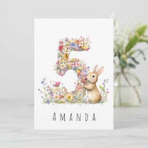 Tarjeta de cumpleaños número 5 del conejito floral