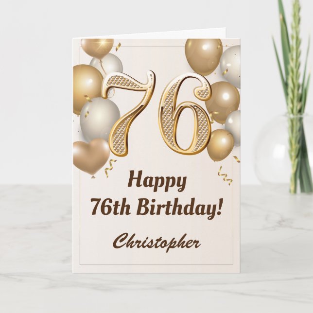 Tarjeta de cumpleaños número 76 con globos dorados (Anverso)