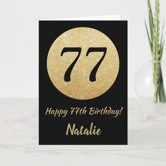 Tarjeta de cumpleaños número 77 con brillo negro y (Anverso)