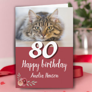 Tarjeta de cumpleaños número 80 con foto de gato y