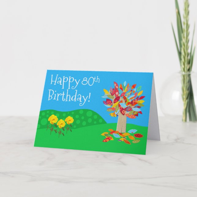 Tarjeta de cumpleaños número 80 de árbol de otoño  (Anverso)
