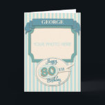 Tarjeta de cumpleaños número 80 del personalizado<br><div class="desc">Se trata de un texto crema, jade y turquesa y una tarjeta ilustrativa de cumpleaños número 80 a la que se puede añadir un nombre y una foto. Entre los elementos de diseño se incluyen un fondo de jade pálido y rayas crema, una pancarta de jade en la parte superior...</div>