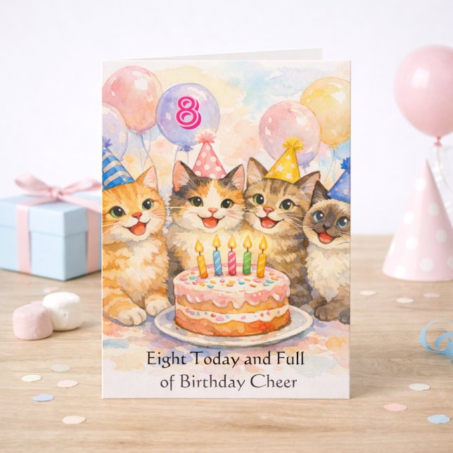 Tarjeta de cumpleaños número 8 para niñas que aman (8 Birthday card with adorable cats. A fully editable template card )