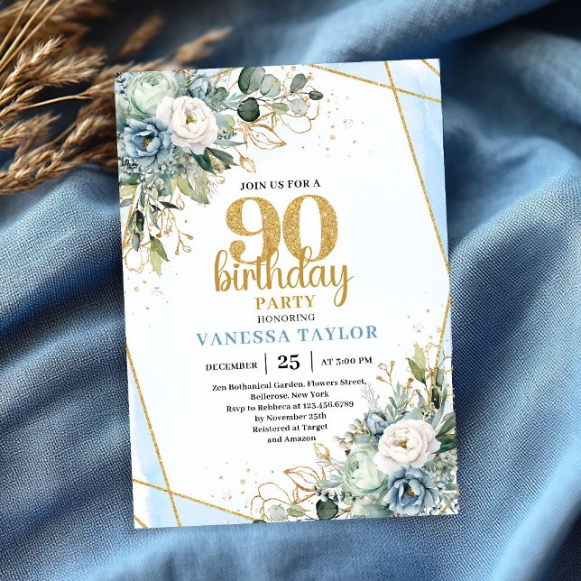 Tarjeta de Cumpleaños número 90 con Elegante Diseñ (Elegant Blue Gold Floral 90th Birthday Party Card)