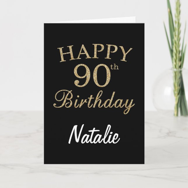 Tarjeta de cumpleaños número 90 de Purpurina negro (Anverso)