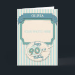 Tarjeta de cumpleaños número 90 del personalizado<br><div class="desc">Se trata de un texto crema, jade y turquesa y una tarjeta ilustrativa de cumpleaños 90 a la que se puede añadir un nombre y una foto. Entre los elementos de diseño se incluyen un fondo de jade pálido y rayas crema, una pancarta de jade en la parte superior del...</div>
