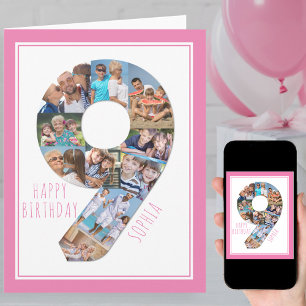 Tarjeta de cumpleaños número 9 para niña con colla