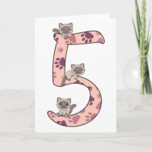 Tarjeta de cumpleaños número cinco de gato siamés 