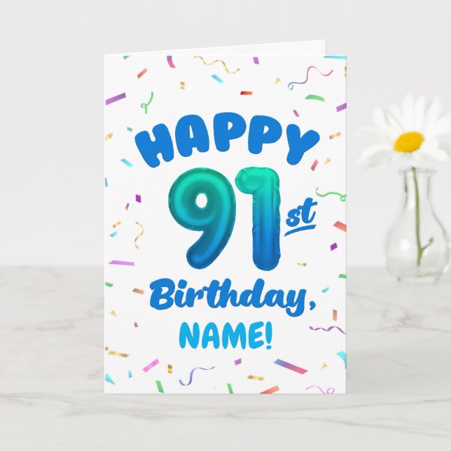 Tarjeta de cumpleaños número globo 91 con nombre p (Planta pequeña)