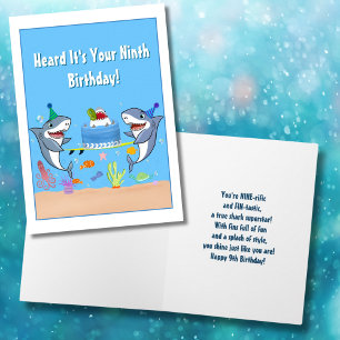 Tarjeta de cumpleaños número nueve para tiburones