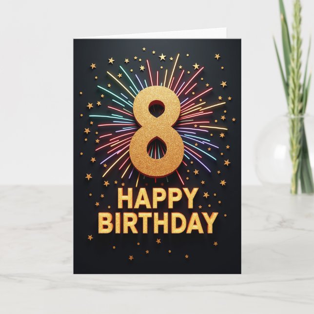 Tarjeta de cumpleaños número ocho con brillo (Anverso)