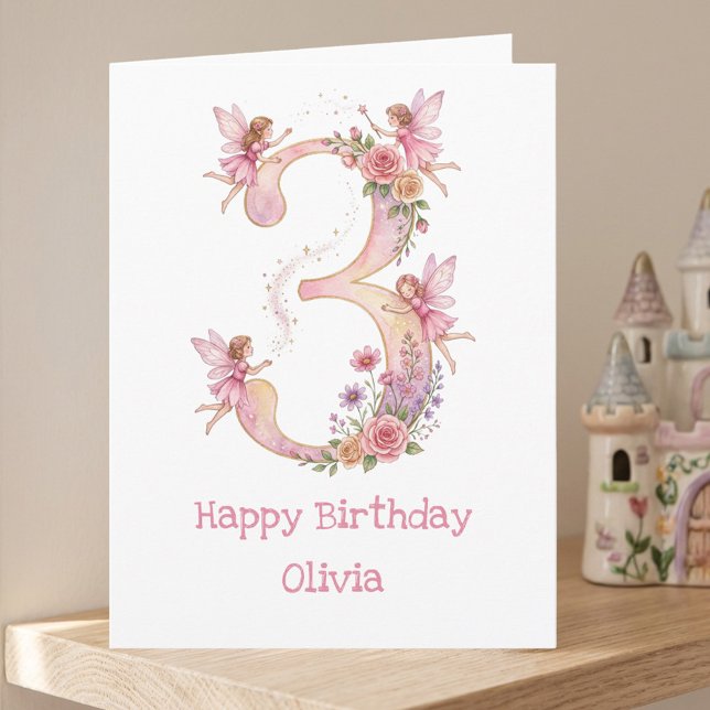 Tarjeta de cumpleaños número tres niñas 3er cumple (Girls 3rd birthday card with number 3 adorned with magical fairies and flowers.)