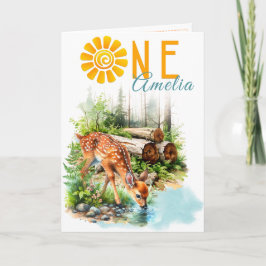 Tarjeta de cumpleaños número uno Bosque Ciervo Arb