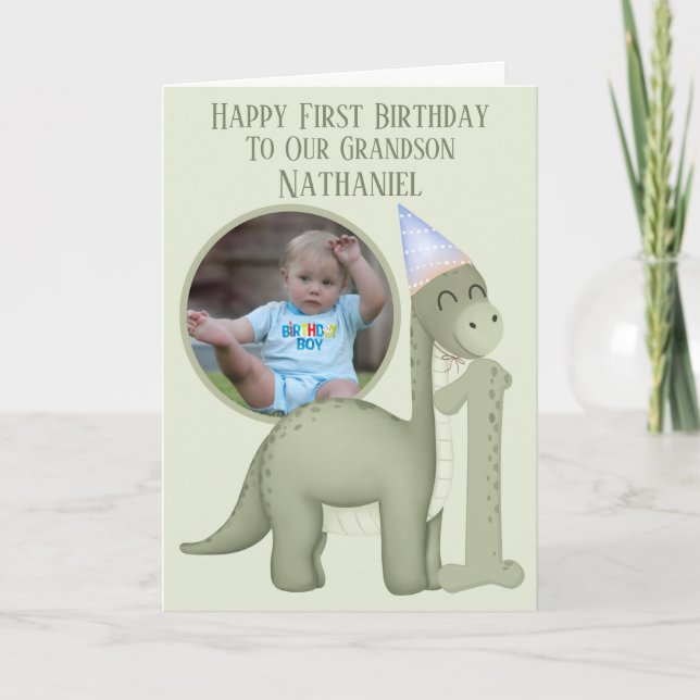 Tarjeta de cumpleaños número uno con foto y dinosa (Anverso)