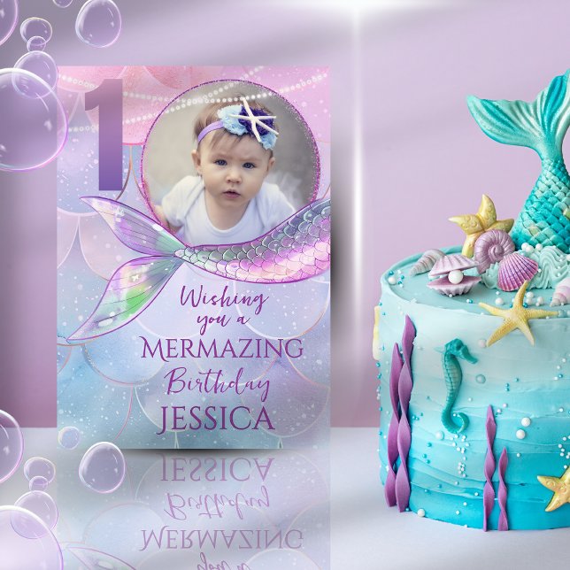 Tarjeta de cumpleaños número uno de sirena con fot (Subido por el creador)