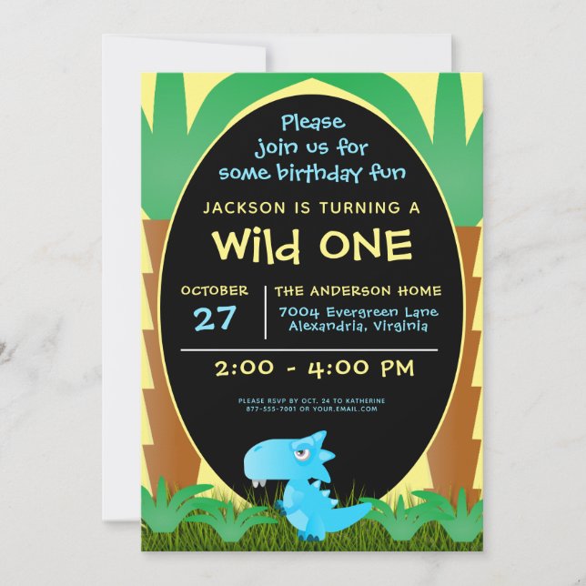 Tarjeta de cumpleaños número uno para niño dinosau (Anverso)