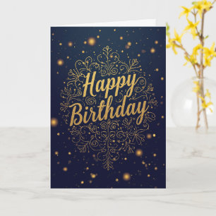 Tarjeta de cumpleaños ornamentada en dorado y azul