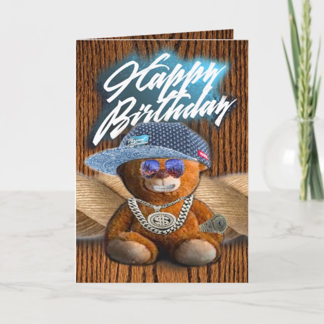 Tarjeta de cumpleaños, oso de peluche hip-hop (Anverso)