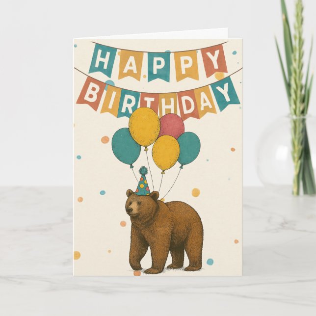 Tarjeta de cumpleaños - Oso Fiesta con globos (Anverso)