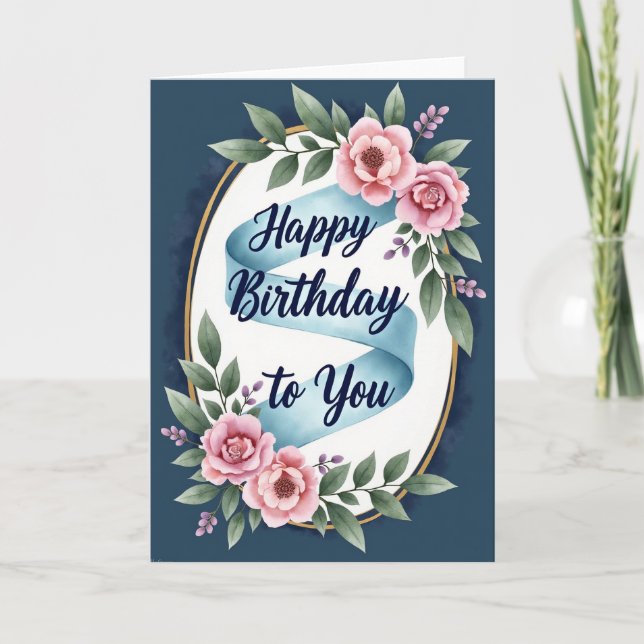 Tarjeta de cumpleaños ovalada dorada elegante (Anverso)