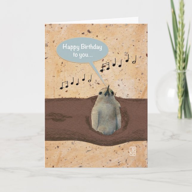 Tarjeta de cumpleaños Pájaro en tronco azul (Anverso)