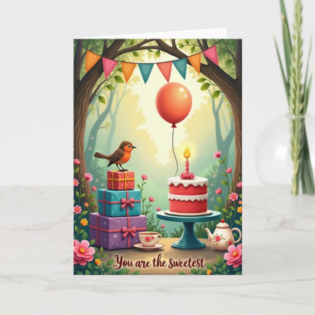 Tarjeta de cumpleaños Pájaro y regalos (Anverso)
