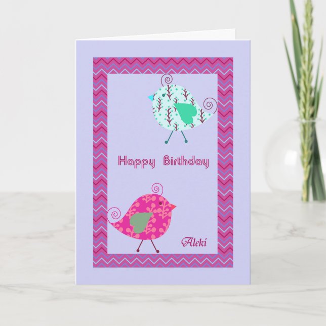 Tarjeta de cumpleaños para Aleki con aves de diseñ (Anverso)