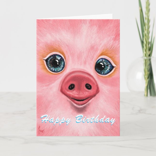 Tarjeta de cumpleaños para bebé con Lechón feliz (Anverso)
