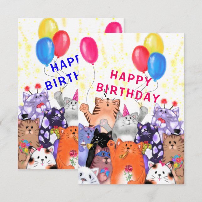 Tarjeta de cumpleaños para bebés con Fiesta de gat (Anverso / Reverso)