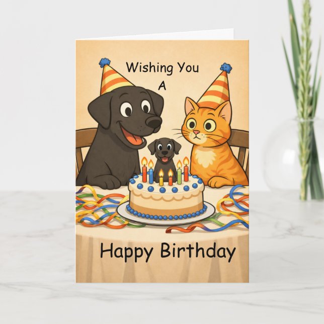 Tarjeta de cumpleaños para Black Lab y gato – Feli (Anverso)