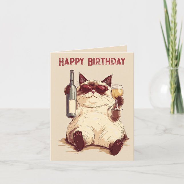 Tarjeta de cumpleaños para botellas de gato y vino (Anverso)