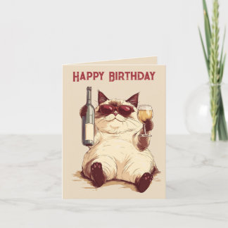 Tarjeta de cumpleaños para botellas de gato y vino