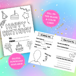 Tarjeta de cumpleaños para colorear y rellenar